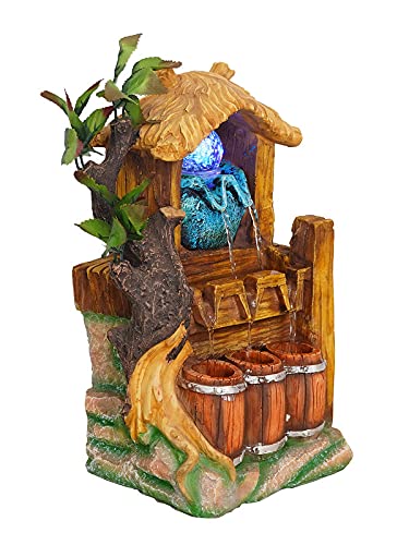 CRAFT SMITH Polyresin Designer Hut Style Table Top Indoor 2 Steps Waterfall Fountain for Living Room Home with LED Lights, Speed Controller Pump & Crystal Ball (Size: 36 x 23 x 18 CM | Colour: Multi)