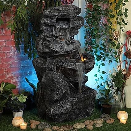 Shawshank Water Fountain Double Spiral Rock Look Fiber Water Fountain for Living Room Home Decor Garden Patio Yard Art Decoration Gifting with LED Lights Water Pump