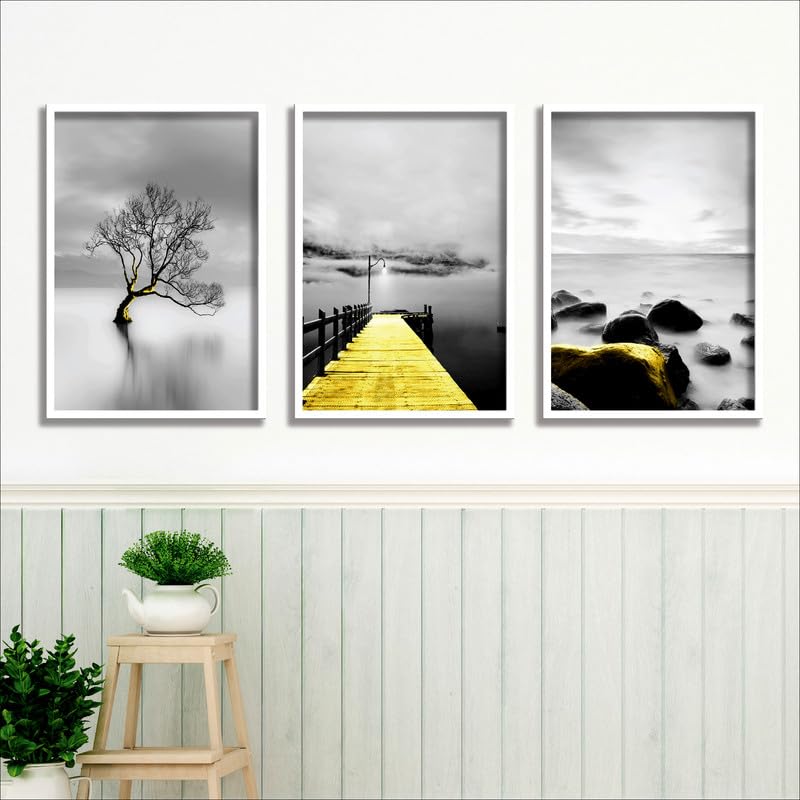 SAF paintings Set of 3 Water Bridge And Tree Wall Painting for Home Decoration SA-WHITEMX33596