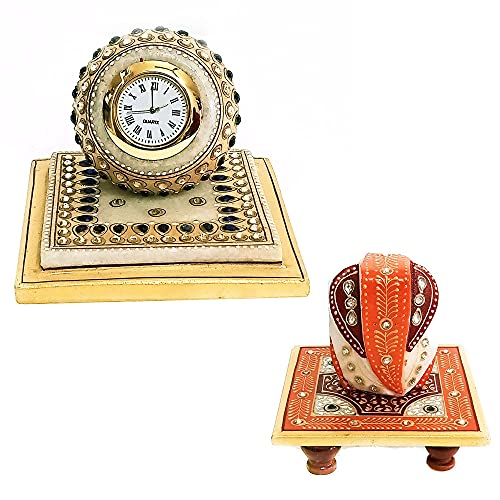 Handicraft Kingdom White Marble Table Clock with Ganesh Chowki | Ethnic Design Gold Painted Handmade Round Beautiful Meenakari Work Plate Watch| Approx Size (3.5 Inch) & Wt (600 Gm) Pack of 4