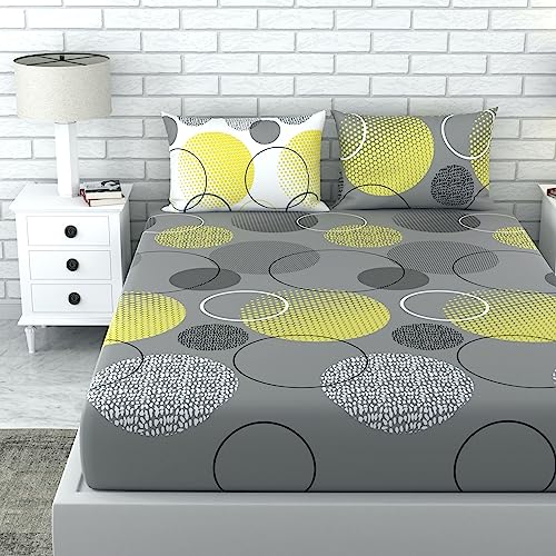 LORETO – A QUALITY LINEN BRAND 100% Cotton Bedsheet for Double Bed, 1 Double Bedsheet with 2 Pillow Covers | 144 TC Queen Size Double Bedsheet Cotton, Geometric (Grey & Yellow)