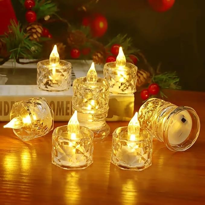 The World Decor 24 Pcs Acrylic Flameless and Smokeless Decorative Candles Led Tea Light Candle Diwali, Gifting, Christmas, Festival, Events (Pack of Crystal Led, 24)