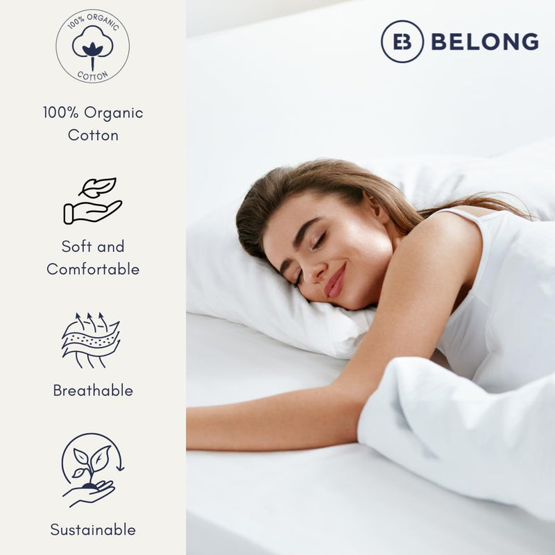 Belong 100% Organic Cotton 300 Thread Count All Round Elastic Fitted Premium Bedsheet with Pillow Covers, Plain Bedsheet with 13" Deep Pocket (Ivory, King)