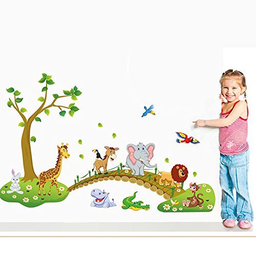 Paper Plane Design Jungle Animals Wall Stickers for Kids (Finished Size on Wall - 120(w) x 90(h) cm)