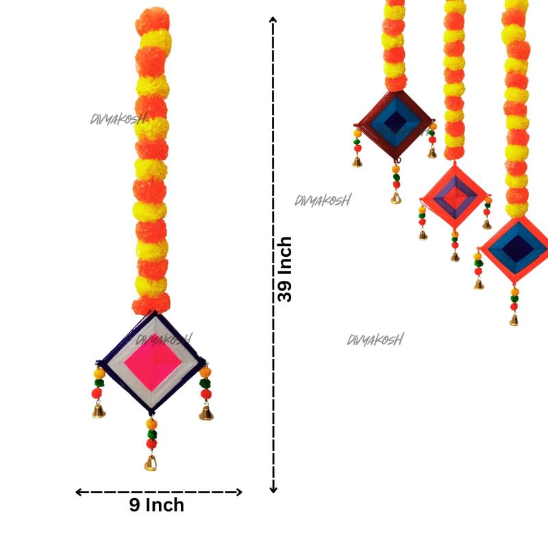 Virushka Handmade Artificial Marigold Fluffy Flowers Colorful Woolen Kite Bells Hanging (44 Inches Height Approx. Pack of 5)