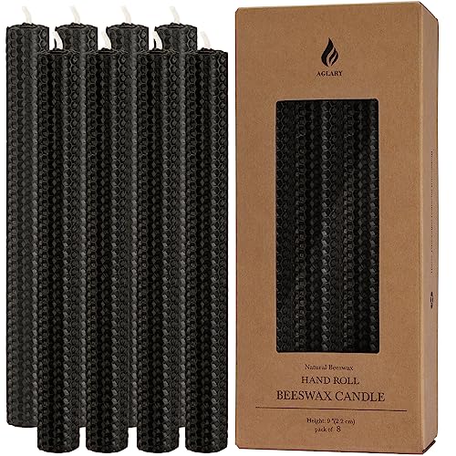 8PCS 9" Black Hand-Rolled Beeswax Taper Candles, Real Pure Beeswax, Handmade Honeycomb Candles, Flat Top