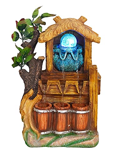 CRAFT SMITH Polyresin Designer Hut Style Table Top Indoor 2 Steps Waterfall Fountain for Living Room Home with LED Lights, Speed Controller Pump & Crystal Ball (Size: 36 x 23 x 18 CM | Colour: Multi)