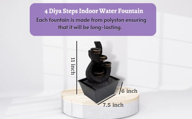 V V Enterprises Tabletop Decorative Polyresin Designer Home Decor Water Fountain Waterfall with 4 Diya Steps Indoor Water Fountain with LED Lights & Speed Controller Pump