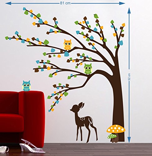 WALLBOOK Set of 2 Wall Stickers Brown Tree Cute Animals | Full Moon with Bot for Home, Hall, Bedroom, Livingroom & Kitchen