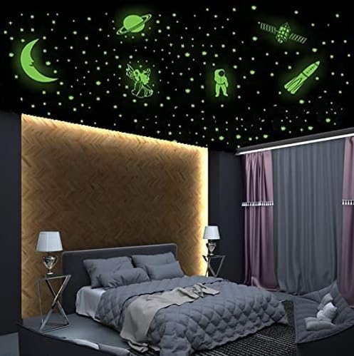 WALLWIND Fluorescent Night Glow in The Dark Ceiling Self-Adhesive Space Wall Sticker Moon, Spaceship, Fairy, Astronaut, Satellite, Saturn Planet, Big & Small Stars (Vinyl, Neon)