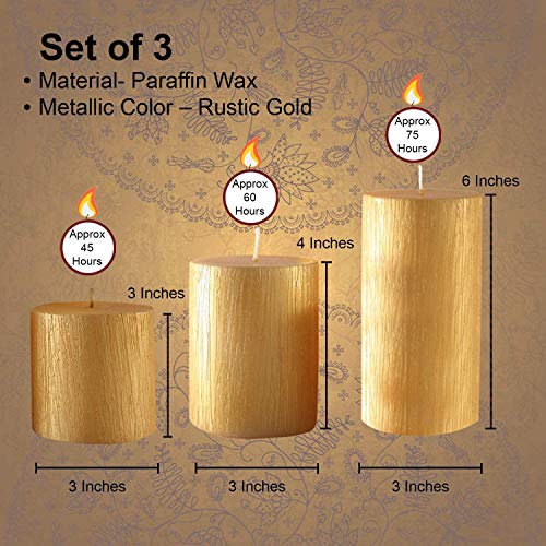 AuraDecor Pillar Set of 3 Gift Set Golden Rustic Finish Size (3 * 3, 3 * 4, 3 * 6 Inches)