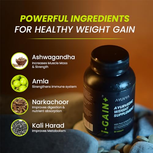 Ayuvya i-Gain+ Ayurvedic Weight Gainer| Helps in Increasing Muscle Mass & Strength | Herbal & Natural, Weight Gain Tablets | New & Improved Formula | 100% Ayurvedic | 90 Tablets