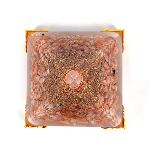 White Whale Sunstone Orgone Pyramid Energy Generator Reiki Healing Crystal Chakra with Gold Stand Feng Shui Pyramid