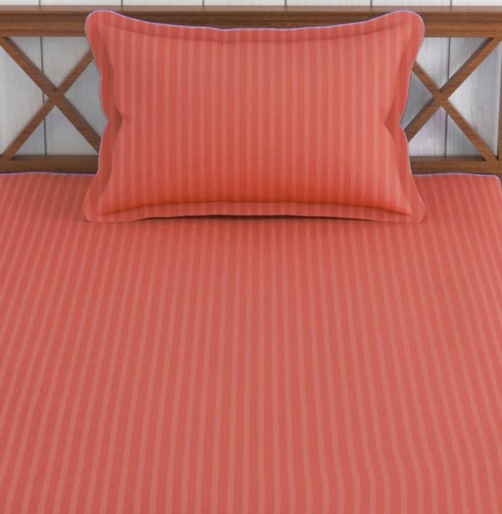 Trance Home Linen 100% Cotton 78x36 inch Single Fitted 200TC Satin Stripe Elastic Fitted Bedsheet | Single Bed Size Daily use Fitted Bedspread with 1 Pillow Covers (78"x36" | 6.5x3 feet,Orange)