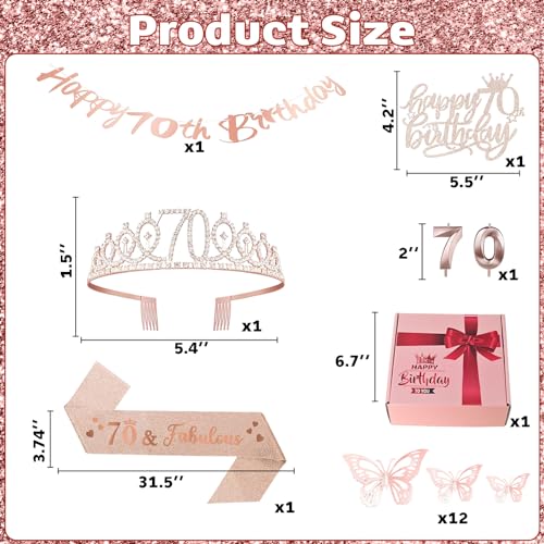 70th Birthday Decorations for Women Birthday Gifts Rose Gold 70th Birthday Sash, Tiara, Cake Topper, Number 70th Candles, Happy 70th Birthday Banner, 3D Butterfly 12pcs, Birthday Supplies