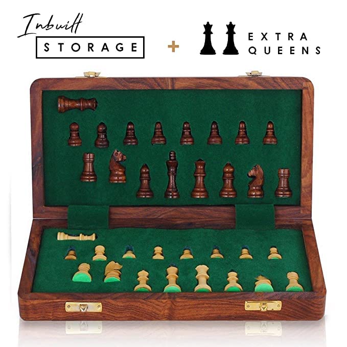 BCBESTCHESS Handcrafted Rosewood Unique Chess Board Set Foldable Secure Storage for Magnetic Pieces with Extra Queens Chess Set for 2 Players Kids and Adults (14 x 14 Inches, Brown)