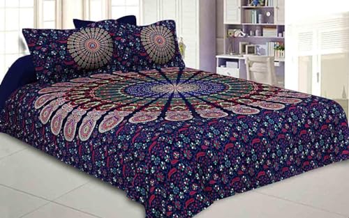 Mahika Double Bedsheet for Double Bed | Cotton Digital Rajasthani Pannel Print Flatsheets for Home, Bedroom,Queen Size with Two Pillow Cover (90 X 100 inches) (Blue Firki)