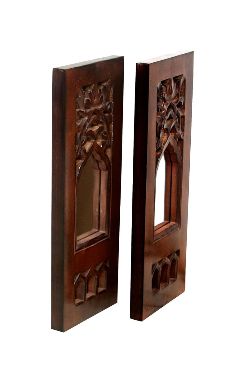 SPACE WOOD Wood Painted Wall Hanging Jharokha Inside Mirror, Wooden Wall Hanging, Wall Panel (12x4) inches Set of Two.(Brown), Rectangular, Framed (Design 2)