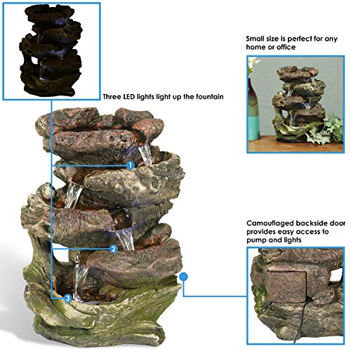 Sunnydaze 5-Step Rock Falls Tabletop Fountain with LED Lights, 14 Inch Tall