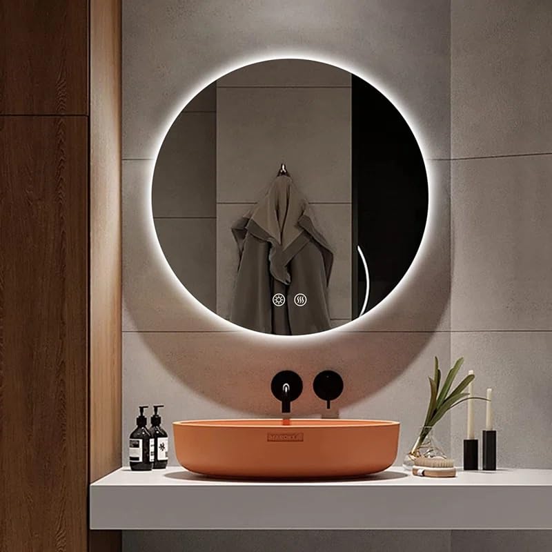 Artessa Minimal Backlit Round LED Mirror with Defogger, Dimmer-Option, 3-Colour LED for Bathroom (70 x 70 CM)