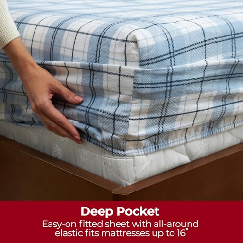 Mellanni California King Flannel Sheet Set - 4 pc Printed Luxury 100% Cotton - Lightweight Bed Sheets - Cozy, Soft, Warm, Breathable Bedding - Deep Pockets (Cal King, Light Blue Plaid)