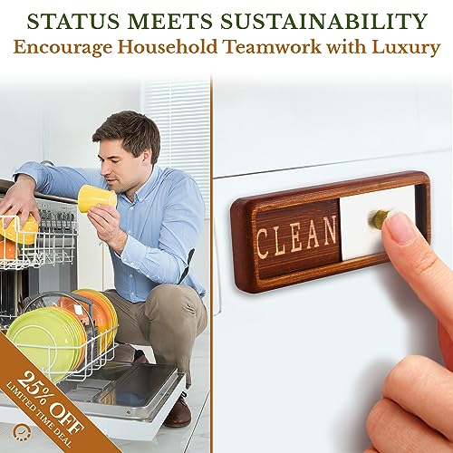 TEYGA Bamboo Dishwasher Clean Dirty Magnet Sign, with Stainless Steel Window - Dishwasher Magnet Clean Dirty, No-Scratch Strong Magnets, 2 Double-Sided Stickers, Dirty Clean Dishwasher Magnet Cover