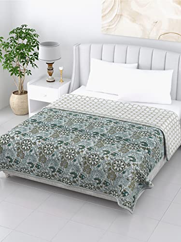 LIVING ROOTS 100% Cotton Blankets Double Bed, All Season Reversible AC Blanket Comforter, 3 Layer Dohar - 90 x 100 inches (Full Green Floral)