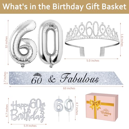 60th Birthday Decorations Women Include Silver 60th Birthday Tiara and Sash, Silver 60th Birthday Candles and Cake Topper, Silver 60th Birthday Balloons for 60th Birthday Gifts Women