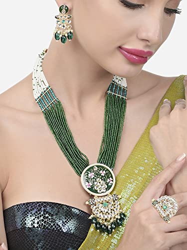 ZAVERI PEARLS Green Pink Meenakari Multistrand Beaded Long Kundan Necklace Earring & Ring Set For Women-ZPFK15624