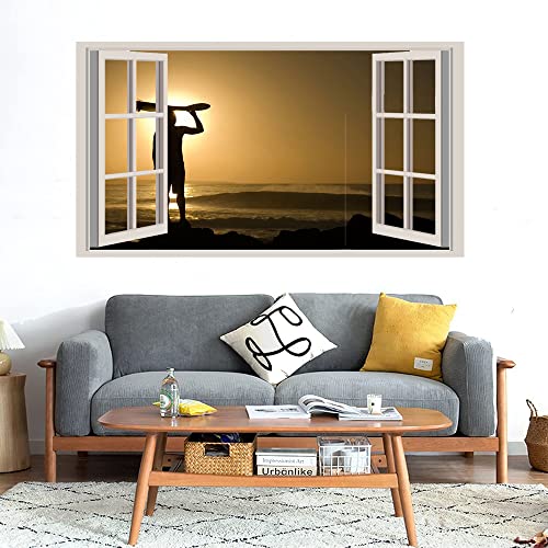 GADGETS WRAP Printed Wall Decal Sticker Fake Window Style Decal (90cm x 50cm) - Surfing Sunset