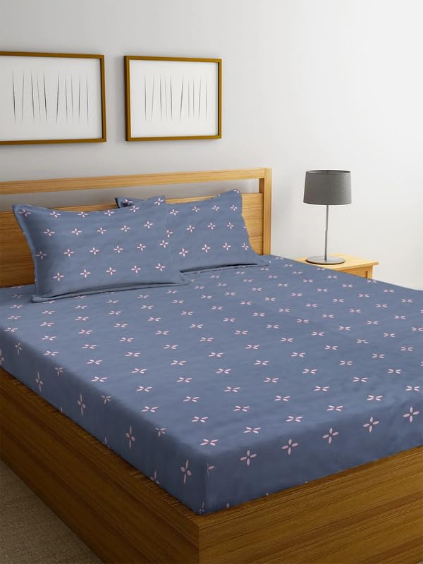 NHD HOME Cotton 210tc Flat Double Bed Bedsheets for Summer Breathable | Wrinklefree | Longlasting (Size- 225 x 228 Cm) with 2 Pillow Covers (Size-17 X 27 Inches, Star Print, Grey)