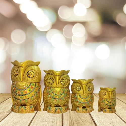 Set of 4 Wooden Handcrafted Owl with Gold Plating and Magnet Attached for Home Decor | Beautifull Showpiece | Art & Craft for Home Decoration | Handicraft Show Piece
