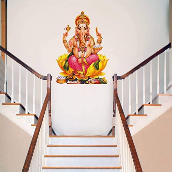 HS Decor Religion Lord Ganesha On Lotus Wall Stickers (Multicolour), Pack of 1