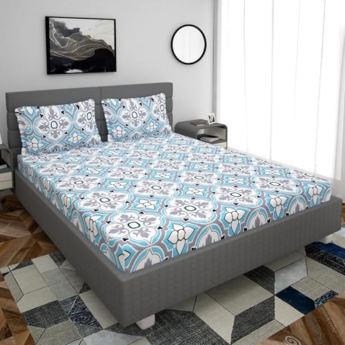 REALDREAM® bedsheet for Double Bed Elastic Fitted, King Size bedsheet with Elastic Fitted, Double bedsheet Glace Cotton with 2 Pillow Covers (72 x 78 x 8 Inches) (Casa-Blue-Flower)