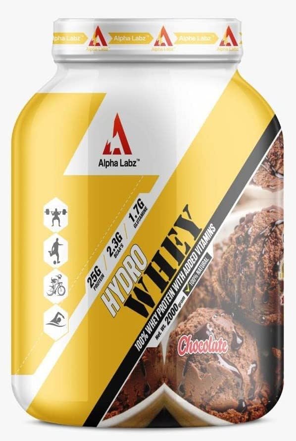 Alpha Labz Hydro Post Workout Whey Protein Concentrate Gym Supplement with Added Vitamins for Men & Women [2Kg, Chocolate] (25g Protein, 2.3g BCAA & 1.7g Glutamine)