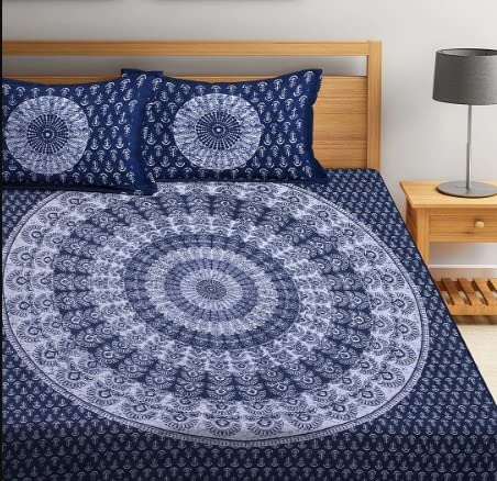 BedZone 120 TC Cotton Blend Mandala Printed Jaipuri Bedsheet for Double Bed King Size with 2 Pillow Covers, Blue