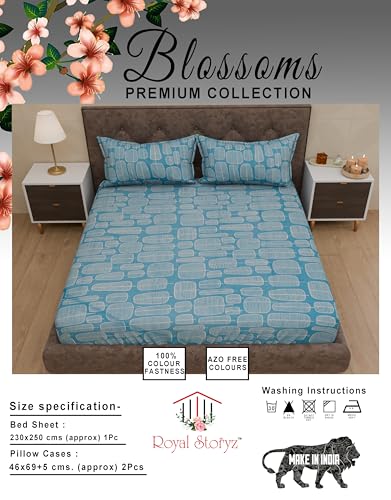 ROYAL STORYZ Polycotton King Double Flat Bedsheet | Soft Feel Wrinkle Resistance | 300 Thread-Count Bed Sheet with 2 Pillow Covers | Size: 250 Cm X 270 Cm/ 45Cm X 70Cm (Blossoms_15)