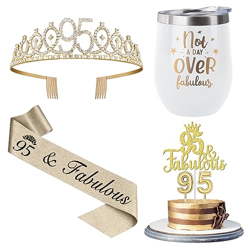 95th Birthday Party Decorations with 12oz Wine Coffee Tumbler Mug, 95th Birthday Decorations Women Crown, Sash, Cake Topper and 95th Birthday Candles, 95th Birthday Gifts Idea