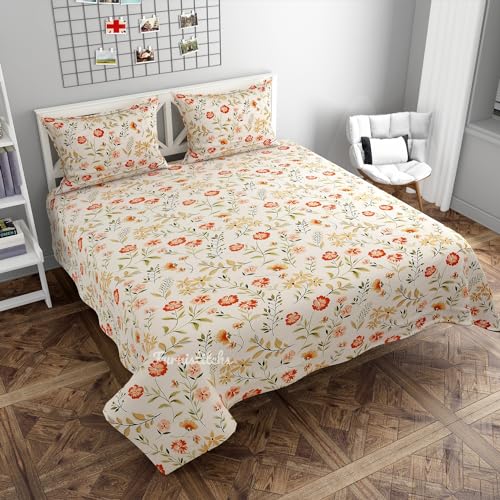 Furnistitchs Premium Cotton Feel Double Queen Size Bed Sheets with 2 Pillow Covers - bedsheet for Double Bed (Double Bed 90x100, Buttercream Flowers)