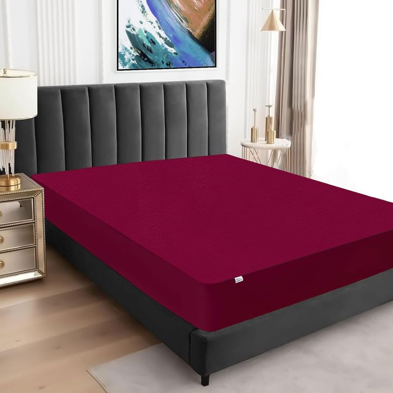 GADDA CO 100% Waterproof Bamboo Feel Premium Cotton Mattress Protector | Anti-Bacterial Bed Cover, Hypoallergenic, Breathable Ultra Soft Fitted - Double Bed Size (72x72 inch | 6x6 feet) Beetroot