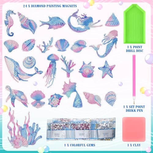 Saysurey 24 Pcs Mermaid Diamond Art Magnets Sea Diamond Art Fridge Magnets with DIY Tools to Create Your Own Magical Stickers Mermaid Gem Rhinestone Magnet Decals for DIY Crafts Home Decor