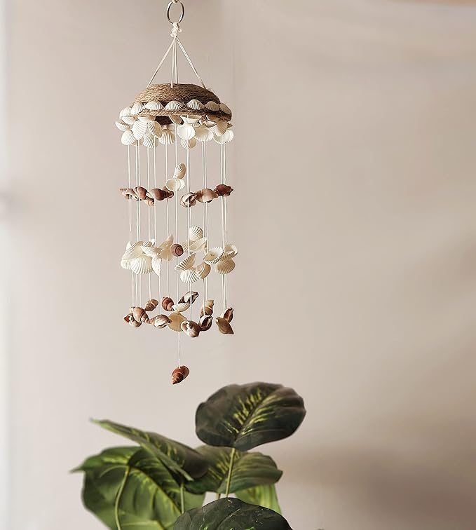 Shellkrafts Sea Shell Wind Chime for Home | Balcony & Garden | Soothing Rain Sound & Very Lucky According to Vastu | Attracts Good Luck (White)