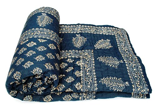 SVT Traditional Famous Jaipuri Beautiful Floral Print in White and Blue Jaipuri Rajai/Razai/Quilt Twin Size/Twin Size Bed Quilt/Comforter/AC Quilt/AC Comforter, Cotton, Lightweight, Pack of 1