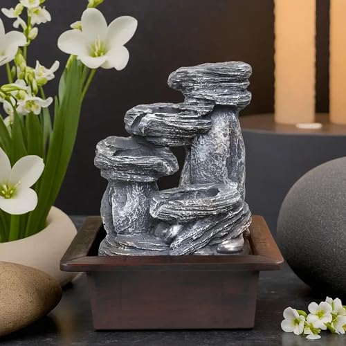 VIVARS Tabletop Water Fountain, Environmental Resin Meditation Fountain, Desktop 4-Tier Fountain, Indoor Waterfall Feature with Light for Home Office Decor Relaxation (Waterfall-1) Grey