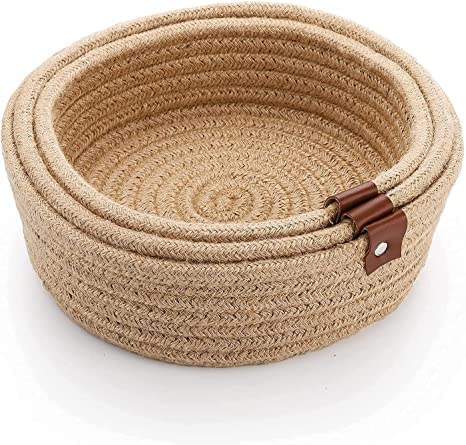 GILLY BILLY 100% Natural Jute small box mini rope paper storage Round Beige basket brown hamper baby nursery tray bucket set of 3 for Living or Drawing Room,fruits, kitchen,office,shelfs (Beige)