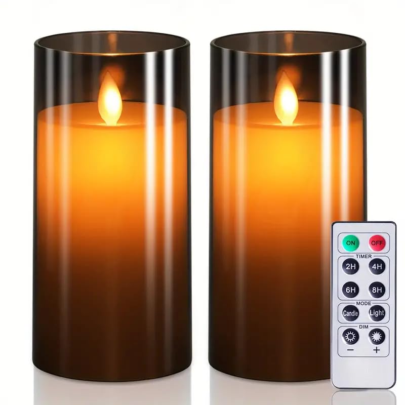 VEROX Flameless Acrylic Grey Electric Candle Fiber Glass with 2 2AA Battery Powered Remote Control Candles for Home Decor Wedding Festival (3" D x 6" H)- Pack of 2