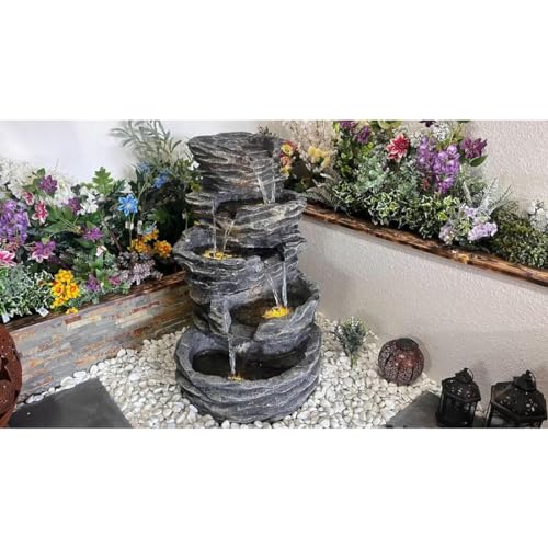 Shawshank 40 Inch Long 5 Tier Stone Rock Effect Spiral Sandstone Fiber Water Fountain for Living Room Home Decor Garden Patio Deck Porch with LED Lights and Water Pump