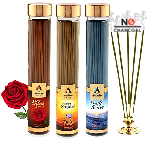 The Aroma Factory Rose,Saffron Sandal & Fresh Active Agarbatti for Pooja,Luxury Incense Sticks,100% Herbal Fragrance Agarbathi (Bottle Pack of 3x100g)