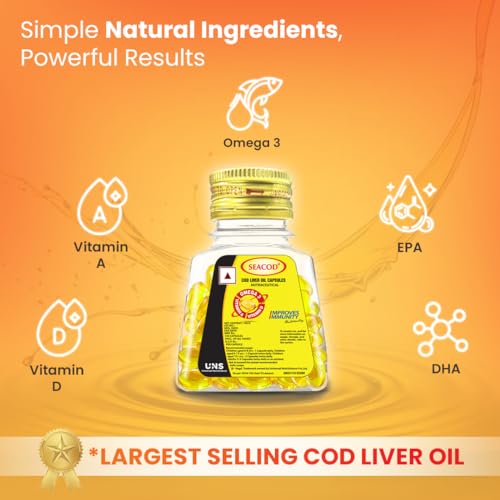 Seacod Cod Fish Liver Oil 100 softgel Capsules With Natural Omega 3, Natural EPA & DHA |Vitamin D & A | For Immune Health, Healthy Heart, Brain, Eyes, Joints & Muscles- Pack of 100 Capsules