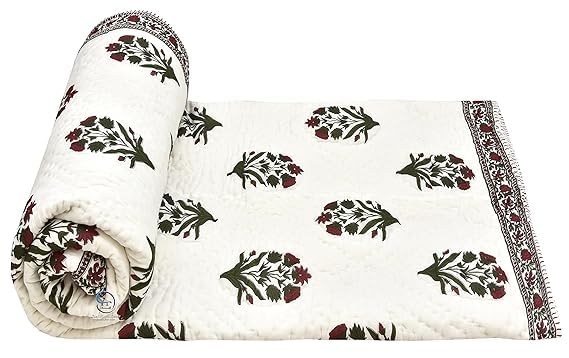 EMIOUR 400 TC Jaipuri Light Weight Pure Cotton Traditional Hand Block Big Flower Print Double Bed Quilt/Razai/Rajai (White & Green, 90 x 105 Inches, Double Bed)